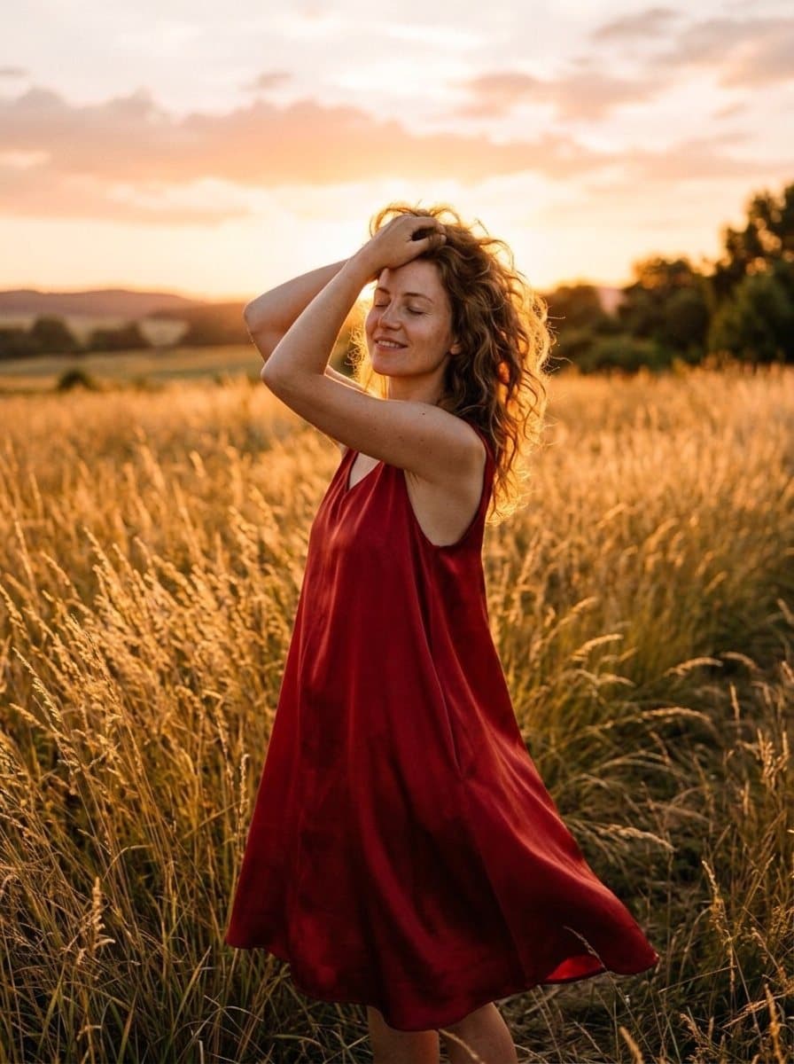 Troque o vestido branco por um vestido de seda vermelho